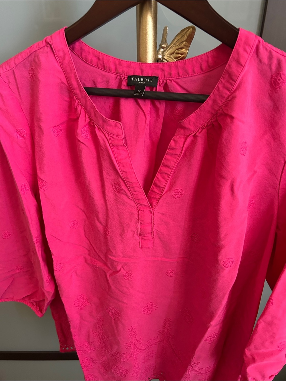 Talbots Bright Pink Embroidered Split-Neck Tunic
